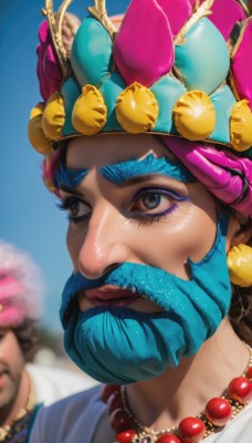 solo,1boy,hat,brown eyes,jewelry,blue hair,flower,male focus,outdoors,multiple boys,sky,solo focus,day,2boys,necklace,blurry,blue sky,lips,makeup,blurry background,facial hair,thick eyebrows,portrait,beard,realistic,nose,mustache,1girl,blue eyes,brown hair,hair ornament,gloves,closed mouth,earrings,looking to the side,eyelashes,depth of field,looking away,crown,lipstick,eyeshadow,beads,blue gloves,looking afar,mascara