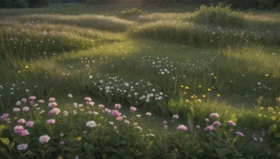 flower,outdoors,day,no humans,grass,white flower,nature,scenery,pink flower,yellow flower,field,flower field,plant