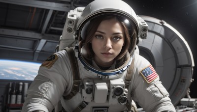 1girl,solo,looking at viewer,short hair,brown hair,brown eyes,closed mouth,upper body,blurry,lips,blurry background,helmet,star (sky),reflection,realistic,space,planet,earth (planet),american flag,spacecraft,spacesuit,space helmet,astronaut,science fiction,nose,japanese flag