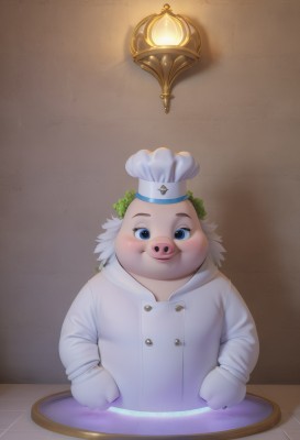 solo,looking at viewer,blush,smile,blue eyes,long sleeves,1boy,hat,white hair,male focus,buttons,white headwear,1other,plate,light,pig,chef hat,light bulb,chef,upper body,artist name,no humans,furry,furry male,fat