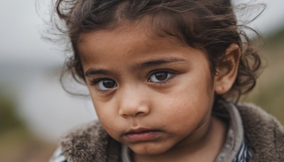 1girl,solo,looking at viewer,brown hair,brown eyes,closed mouth,braid,parted lips,blurry,lips,depth of field,blurry background,messy hair,portrait,close-up,realistic,nose,short hair,black hair,fur trim,eyelashes