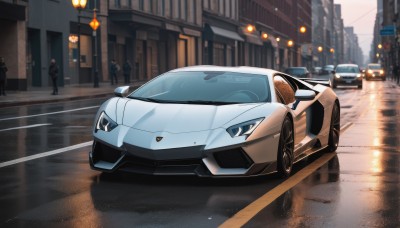 outdoors,multiple boys,solo focus,ground vehicle,building,motor vehicle,reflection,rain,city,car,road,multiple others,vehicle focus,police,lamppost,street,police uniform,traffic light,sports car,people,blurry,no humans,blurry background,scenery