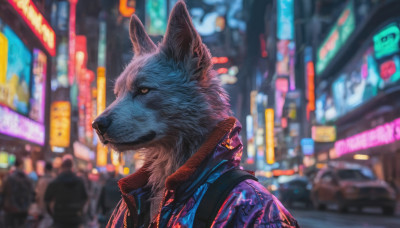 1boy, animal ears, closed mouth, jacket, upper body, outdoors, blurry, night, blurry background, motor vehicle, furry, city, furry male, wolf