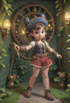 1girl,solo,looking at viewer,smile,short hair,skirt,brown hair,hat,holding,brown eyes,closed mouth,standing,full body,short sleeves,boots,shoes,shorts,puffy sleeves,belt,puffy short sleeves,red skirt,leaf,brown footwear,plant,child,blue headwear,pouch,lantern,red shorts,shirt,twintails,weapon,indoors,bell,grass,ankle boots