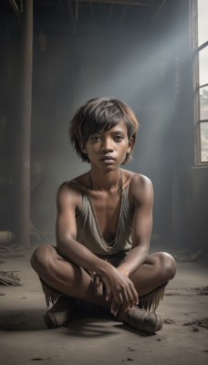 1girl,solo,short hair,brown hair,black hair,bare shoulders,brown eyes,jewelry,sitting,full body,male focus,earrings,boots,shorts,dark skin,necklace,flat chest,lips,sunlight,child,androgynous,realistic,indian style,looking at viewer,shoes,window,tank top,denim,dirty