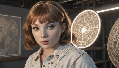 1girl,solo,looking at viewer,short hair,bangs,brown hair,shirt,brown eyes,jewelry,closed mouth,white shirt,upper body,hairband,earrings,collared shirt,indoors,black eyes,lips,chair,portrait,freckles,curly hair,realistic,nose,parted lips,medium hair,eyelashes