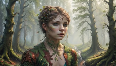 1girl,solo,breasts,short hair,blue eyes,brown hair,hair ornament,cleavage,collarbone,upper body,outdoors,parted lips,day,water,tree,lips,wet,eyelashes,leaf,facial mark,looking away,sunlight,plant,portrait,nature,forest,freckles,realistic,nose,fantasy,wet hair,vines,moss,scenery,facepaint