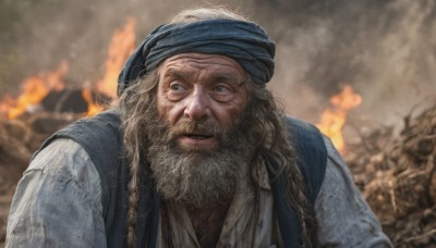 solo,long hair,blue eyes,blonde hair,1boy,upper body,braid,male focus,outdoors,blurry,looking to the side,blurry background,facial hair,fire,beard,smoke,realistic,bandana,mustache,manly,old,old man,turban,looking at viewer,smile,shirt,hat,white shirt,white hair,parted lips,vest,parody,portrait,blue headwear,meme,wide-eyed,blue vest