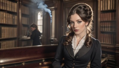 1girl,long hair,looking at viewer,brown hair,shirt,long sleeves,1boy,2girls,brown eyes,jewelry,sitting,closed mouth,jacket,white shirt,upper body,earrings,solo focus,indoors,hair bun,blurry,lips,book,window,buttons,depth of field,blurry background,drill hair,formal,suit,steam,smoke,curly hair,realistic,nose,bookshelf,red lips,book stack,ringlets,library,breasts,bangs,blue eyes,multiple girls,black hair,frills,day,collared shirt,necklace,mole,black jacket,grey eyes,dress shirt,makeup,table,sunlight,lipstick,lace trim,lace,backlighting