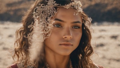 1girl,solo,long hair,blue eyes,brown hair,hair ornament,gloves,jewelry,closed mouth,flower,outdoors,dark skin,necklace,blurry,dark-skinned female,lips,eyelashes,depth of field,blurry background,wavy hair,looking away,portrait,snow,freckles,curly hair,realistic,nose,mole on cheek,looking at viewer,brown eyes,grey eyes,expressionless,veil,close-up