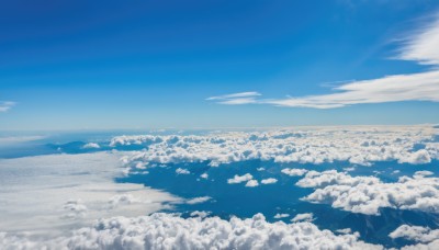 monochrome,outdoors,sky,day,cloud,blue sky,no humans,ocean,cloudy sky,nature,scenery,blue theme,mountain,city,horizon,cityscape,landscape,above clouds,water