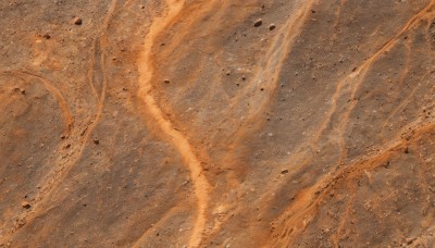 outdoors,no humans,traditional media,scenery,rock,sand,sepia,debris,brown theme,orange theme,dust,sky,dutch angle,from above,smoke,realistic,orange background,road,explosion,desert,destruction