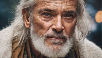 solo,looking at viewer,1boy,closed mouth,white hair,male focus,blurry,grey eyes,fur trim,depth of field,blurry background,facial hair,scar,portrait,beard,realistic,mustache,manly,old,old man,wrinkled skin,grey hair,signature,lips,scar on face,close-up,nose,scar across eye