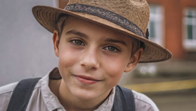 solo,looking at viewer,smile,short hair,brown hair,shirt,black hair,1boy,hat,brown eyes,closed mouth,white shirt,upper body,male focus,outdoors,collared shirt,bag,blurry,lips,depth of field,blurry background,portrait,freckles,realistic,brown headwear,straw hat,photo background,backpack