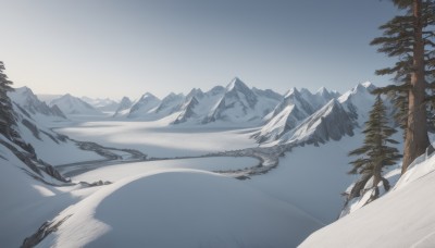 solo,outdoors,sky,day,signature,tree,no humans,nature,scenery,snow,forest,mountain,winter,bare tree,landscape,mountainous horizon,ambiguous gender,lake,fog,footprints,pine tree,cloud,blue sky