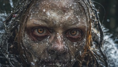 1girl,solo,long hair,looking at viewer,blonde hair,brown hair,brown eyes,closed mouth,water,blurry,lips,wet,blurry background,scar,portrait,close-up,forehead,realistic,straight-on,eye focus,1boy,yellow eyes,hood,orange hair,depth of field