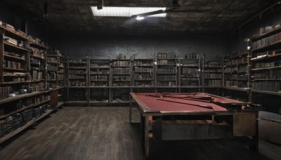 indoors,book,no humans,chair,table,box,scenery,wooden floor,bookshelf,light,lamp,shelf,library,ceiling,ladder,ceiling light,night,railing,dark