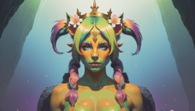 1girl,solo,long hair,breasts,looking at viewer,blush,blue eyes,large breasts,hair ornament,cleavage,twintails,upper body,pink hair,braid,flower,nude,multicolored hair,green hair,pointy ears,hair flower,twin braids,two-tone hair,lips,gradient hair,makeup,colored skin,tiara,crown,monster girl,nose,green skin,forehead jewel,plant girl,bangs,medium breasts,collarbone,gradient,parted bangs,eyelashes,portrait