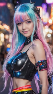 1girl,solo,long hair,breasts,looking at viewer,smile,bangs,blue eyes,hair ornament,navel,bare shoulders,medium breasts,very long hair,closed mouth,blue hair,upper body,pink hair,multicolored hair,sleeveless,midriff,shiny,belt,blunt bangs,blurry,black eyes,from side,two-tone hair,lips,crop top,grey eyes,aqua hair,gradient hair,makeup,depth of field,blurry background,headgear,armlet,zipper,realistic,collar,eyelashes,watermark