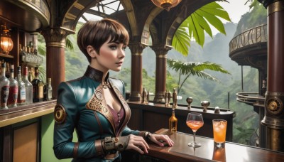 1girl,solo,breasts,short hair,bangs,brown hair,long sleeves,cleavage,brown eyes,jewelry,medium breasts,sitting,jacket,upper body,belt,indoors,nail polish,tree,cup,lips,fingernails,looking to the side,makeup,looking away,table,ring,bottle,plant,scenery,pink nails,alcohol,drinking glass,nose,drink,glass,wine glass,wine,wine bottle,parted lips,lipstick,palm tree