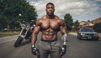 solo,looking at viewer,short hair,black hair,gloves,1boy,navel,nipples,male focus,outdoors,sky,day,pants,cloud,dark skin,fingerless gloves,stomach,black eyes,tree,tattoo,muscular,facial hair,scar,abs,dark-skinned male,thick eyebrows,cloudy sky,pectorals,muscular male,ground vehicle,gauntlets,bara,motor vehicle,large pectorals,topless male,mature male,car,road,arm tattoo,very short hair,manly,grey pants,shoulder tattoo,motorcycle,chest hair,chest tattoo,navel hair,buzz cut,jewelry,closed mouth,earrings,artist name,piercing,building,ear piercing,beard,single glove,veins,nipple piercing,mechanical arms,biceps,single mechanical arm,prosthesis,prosthetic arm,thick arms,veiny arms