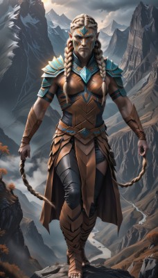 1girl,solo,long hair,breasts,looking at viewer,blonde hair,holding,jewelry,medium breasts,closed mouth,standing,full body,braid,white hair,outdoors,sky,artist name,cloud,dark skin,armor,twin braids,dark-skinned female,mask,muscular,glowing,sandals,cloudy sky,shoulder armor,glowing eyes,pelvic curtain,genderswap (mtf),walking,pauldrons,breastplate,rock,mountain,muscular female,shoulder pads,very long hair,pointy ears,cape,tattoo,facial mark,sun