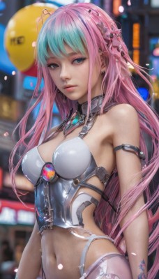 1girl,solo,long hair,breasts,looking at viewer,bangs,blue eyes,hair ornament,navel,cleavage,bare shoulders,jewelry,medium breasts,very long hair,pink hair,multicolored hair,earrings,midriff,blurry,two-tone hair,lips,grey eyes,tattoo,makeup,blurry background,armlet,realistic,balloon,bustier,closed mouth,blue hair,upper body,gradient hair,watermark,corset,science fiction