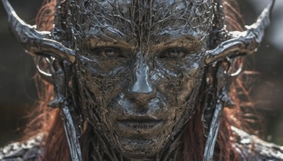 solo,long hair,looking at viewer,1boy,brown eyes,closed mouth,male focus,red hair,horns,armor,blurry,grey eyes,blurry background,helmet,portrait,close-up,realistic,fake horns,horned helmet,smile,pointy ears