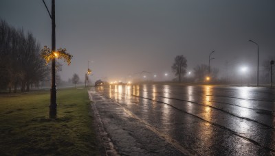 outdoors,sky,cloud,water,tree,dutch angle,no humans,night,grass,building,scenery,reflection,sunset,light,road,bridge,lamppost,bare tree,river,signature,night sky,bench