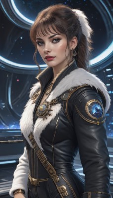 1girl,solo,long hair,breasts,looking at viewer,bangs,brown hair,hair ornament,long sleeves,brown eyes,jewelry,medium breasts,closed mouth,jacket,ponytail,braid,earrings,belt,necklace,bracelet,lips,grey eyes,fur trim,makeup,lipstick,science fiction,realistic,nose,red lips,space,leather,upper body,artist name,signature,coat,bodysuit,zipper,fur collar