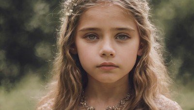 1girl,solo,long hair,looking at viewer,blue eyes,blonde hair,hair ornament,jewelry,closed mouth,flower,necklace,blurry,lips,grey eyes,eyelashes,depth of field,blurry background,wavy hair,expressionless,portrait,close-up,realistic,nose,brown hair,hair flower,veil