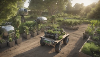 flower,outdoors,day,tree,military,no humans,sunlight,grass,plant,robot,ground vehicle,nature,scenery,motor vehicle,forest,car,road,bush,vehicle focus,motorcycle,tire,sky,science fiction,realistic,potted plant