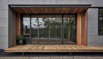 outdoors,sky,day,cloud,tree,no humans,window,grass,plant,building,nature,scenery,forest,wooden floor,door,potted plant,bush,indoors,shadow,wall,architecture,house,east asian architecture,flower pot