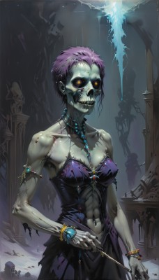 1girl,solo,breasts,short hair,dress,navel,cleavage,bare shoulders,jewelry,medium breasts,yellow eyes,pink hair,purple hair,solo focus,necklace,bracelet,torn clothes,muscular,glowing,colored skin,piercing,abs,glowing eyes,colored sclera,skull,wand,muscular female,grey skin,navel piercing,zombie,undead,earrings,teeth,nail polish,blood,staff,armlet,watch,electricity,wristwatch,lightning