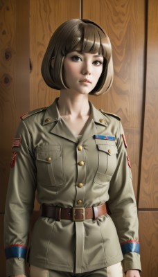 1girl,solo,breasts,looking at viewer,short hair,bangs,brown hair,long sleeves,brown eyes,closed mouth,standing,collarbone,jacket,cowboy shot,belt,pants,blunt bangs,uniform,black eyes,lips,military,military uniform,buttons,bob cut,buckle,pocket,belt buckle,realistic,nose,arms at sides,brown belt,breast pocket,wall,clenched hands,brown pants,military jacket,insignia