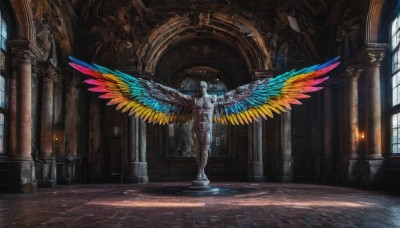 solo,standing,wings,day,indoors,no humans,window,sunlight,scenery,feathered wings,light rays,fantasy,architecture,sunbeam,pillar,statue,stained glass,church,arch,spread wings,column,halo,cross,fire,feathers,angel wings,angel,tiles,candle,tile floor,blue fire,blue wings,multiple wings,stone floor