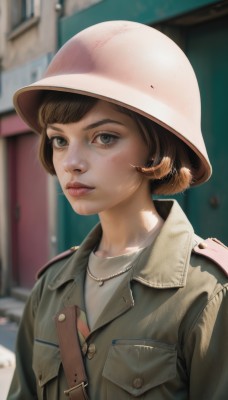 1girl,solo,looking at viewer,short hair,bangs,brown hair,shirt,hat,jewelry,closed mouth,jacket,white shirt,upper body,outdoors,belt,necklace,blurry,uniform,black eyes,lips,grey eyes,military,military uniform,buttons,depth of field,blurry background,helmet,freckles,pocket,realistic,nose,breast pocket,brown eyes,green eyes,day,artist name,eyelashes,thick eyebrows,brown jacket,leather,leather jacket