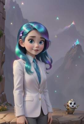 1girl,solo,long hair,breasts,looking at viewer,blush,smile,bangs,blue eyes,shirt,hair ornament,long sleeves,blue hair,standing,jacket,white shirt,pink hair,purple hair,multicolored hair,cowboy shot,small breasts,outdoors,parted lips,green hair,necktie,teeth,hairclip,striped,shiny,collared shirt,pants,artist name,shiny hair,two-tone hair,animal,black pants,formal,blazer,white jacket,suit,gem,blue necktie,arms at sides,striped necktie,diagonal stripes,hairband,lips,aqua hair,rock,mountain