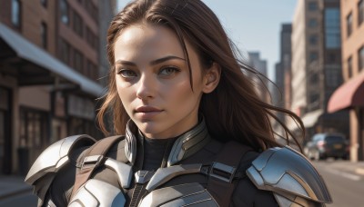 1girl,solo,long hair,looking at viewer,smile,brown hair,brown eyes,closed mouth,upper body,outdoors,parted lips,sky,day,armor,blurry,lips,bodysuit,depth of field,blurry background,ground vehicle,shoulder armor,building,portrait,motor vehicle,forehead,pauldrons,city,realistic,nose,car,power armor,blue sky,makeup,sunlight,lipstick,wind,close-up,road,shoulder pads,street