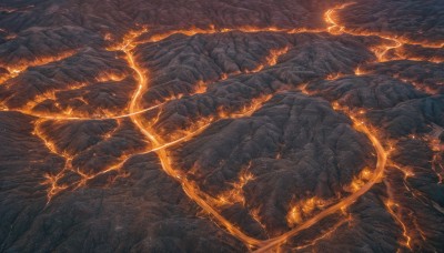 outdoors,sky,cloud,tree,no humans,fire,nature,scenery,forest,mountain,fantasy,electricity,lightning,landscape,orange theme,cave,molten rock,glowing,rock