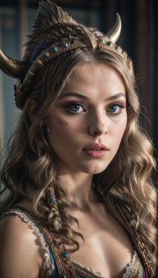 1girl,solo,long hair,breasts,looking at viewer,blue eyes,blonde hair,brown hair,hair ornament,cleavage,jewelry,medium breasts,upper body,braid,earrings,parted lips,horns,mole,blurry,lips,eyelashes,mole under eye,makeup,blurry background,wavy hair,tiara,feathers,gem,portrait,eyeshadow,freckles,curly hair,realistic,nose,headdress,fake horns,feather hair ornament,mascara,dress,green eyes,collarbone,teeth,crown