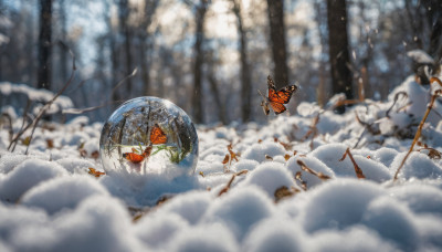 1girl, solo, outdoors, blurry, tree, umbrella, bug, butterfly, nature, scenery, snow, forest, winter