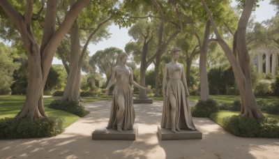 1girl,short hair,multiple girls,brown hair,hat,dress,2girls,standing,flower,outdoors,day,white dress,tree,shadow,holding hands,sunlight,grass,nature,scenery,walking,bush,statue,breasts,1boy,closed mouth,closed eyes,white hair,sky,sleeveless,muscular,sleeveless dress,white headwear,abs,plant,arms at sides,road,dappled sunlight,path