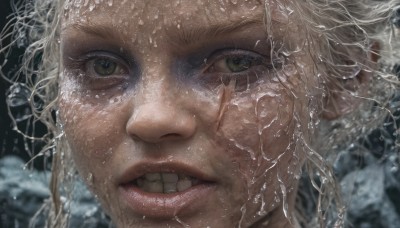 1girl,solo,looking at viewer,short hair,blonde hair,brown eyes,green eyes,white hair,parted lips,teeth,water,blurry,lips,wet,scar,clenched teeth,portrait,scar on face,close-up,realistic,nose,eyelashes