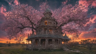 outdoors,sky,cloud,tree,no humans,window,cloudy sky,grass,cherry blossoms,building,scenery,sunset,road,architecture,house,bridge,twilight,evening,tower,gradient sky,path,purple sky,fantasy