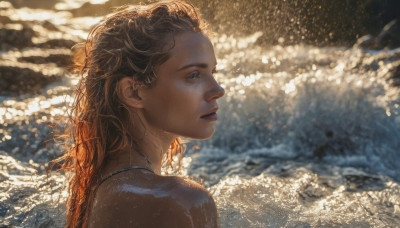 1girl, solo, long hair, looking at viewer, brown hair, jewelry, closed mouth, upper body, outdoors, water, necklace, blurry, lips, profile, blurry background, beach, realistic, waves