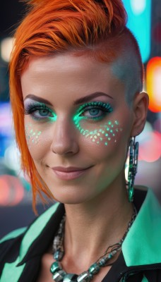 1girl,solo,looking at viewer,smile,short hair,blue eyes,shirt,jewelry,closed mouth,jacket,earrings,necklace,orange hair,blurry,lips,eyelashes,makeup,blurry background,lipstick,portrait,eyeshadow,freckles,realistic,nose,eyeliner,mascara,chain necklace,red hair,necktie,chain