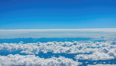 monochrome,outdoors,sky,day,cloud,water,blue sky,no humans,bird,ocean,cloudy sky,scenery,blue theme,horizon,landscape,above clouds