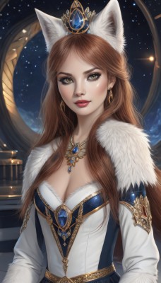 1girl,solo,long hair,breasts,looking at viewer,smile,brown hair,long sleeves,dress,animal ears,cleavage,brown eyes,jewelry,medium breasts,yellow eyes,upper body,earrings,sky,cat ears,necklace,lips,fur trim,makeup,night,crown,lipstick,gem,star (sky),starry sky,red lips,bangs,large breasts,closed mouth,artist name,fox ears,eyelashes,wolf ears,realistic