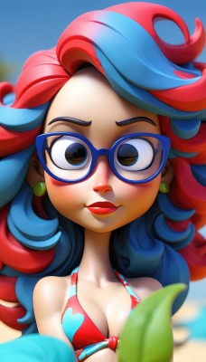 1girl,solo,long hair,breasts,looking at viewer,smile,cleavage,bare shoulders,brown eyes,jewelry,medium breasts,closed mouth,blue hair,collarbone,swimsuit,upper body,bikini,red hair,multicolored hair,earrings,small breasts,outdoors,glasses,day,artist name,blurry,two-tone hair,lips,eyelashes,makeup,depth of field,blurry background,leaf,beach,lipstick,eyeshadow,personification,freckles,red bikini,curly hair,red lips,blue-framed eyewear,blush,blue eyes,heart,streaked hair,bikini top only,heart print,food-themed earrings